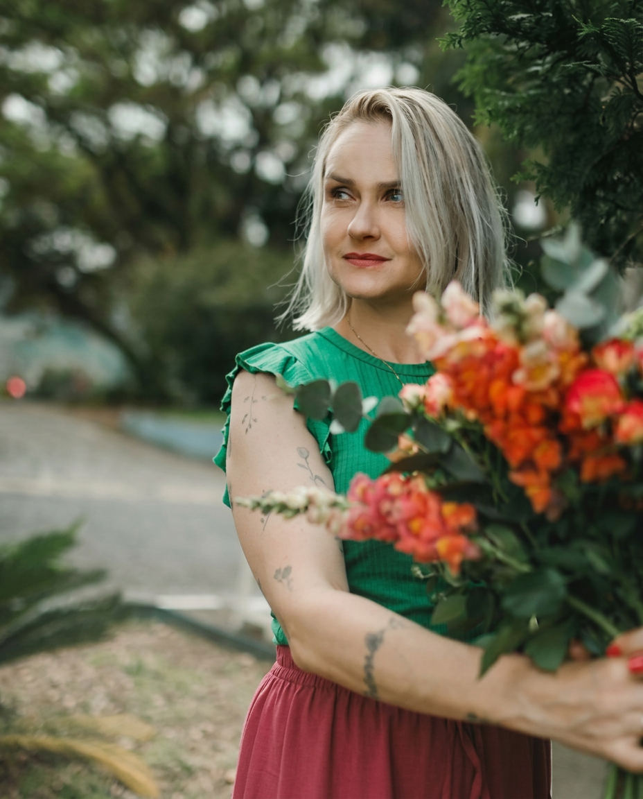 Patrícia, florista da Flor de Lara, segurando um buquê de flores laranjas e vermelhas